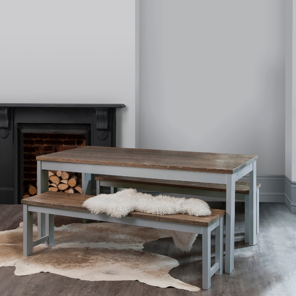 Hever Dining Table with 2 Benches & 2 Extensions - Grey and Dark Pine