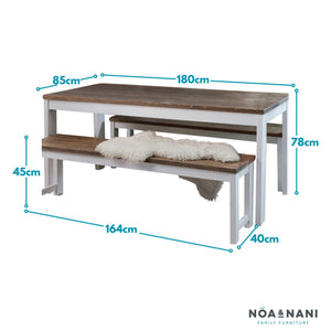 Dining table and bench set with dimensions labeled, featuring Noa & Nani branding.