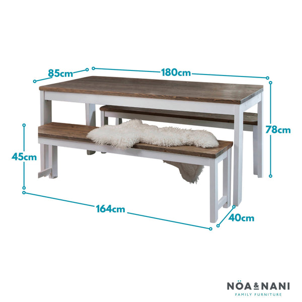Dining table and bench set with dimensions labeled, featuring Noa & Nani branding.