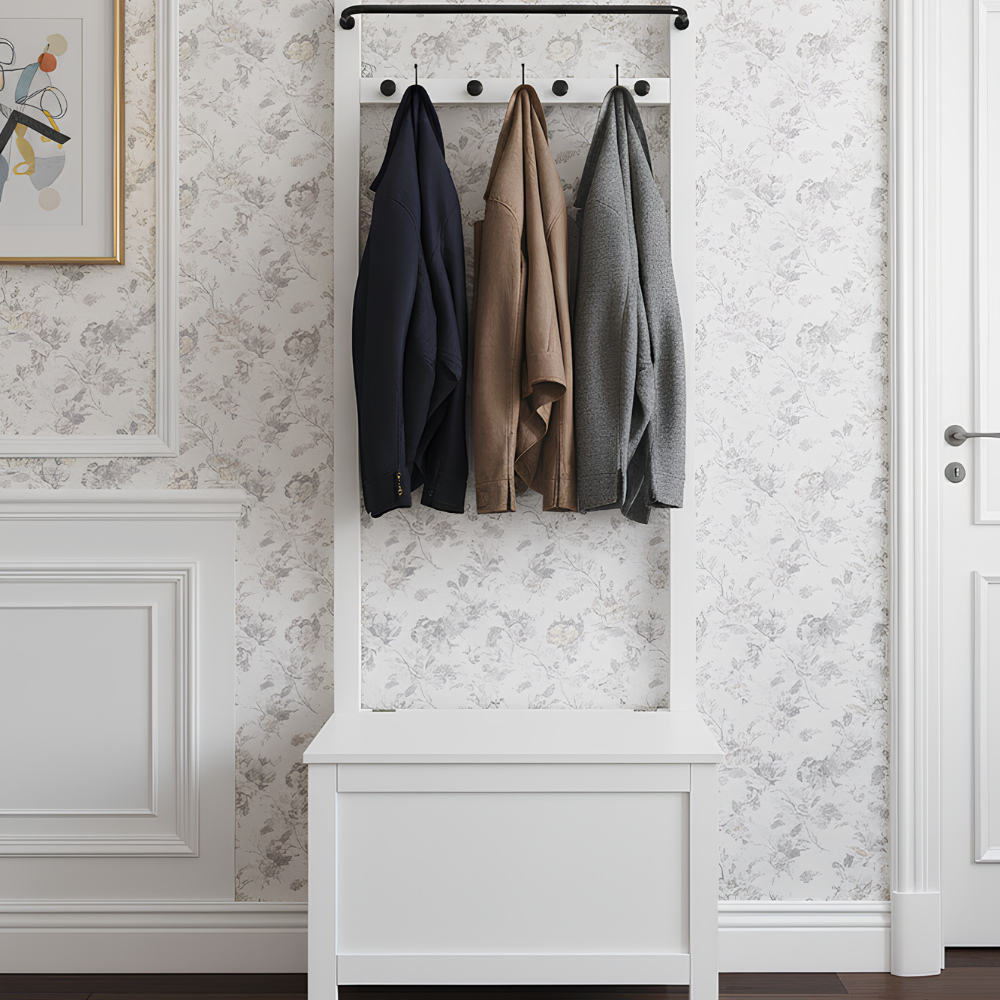 Hallway Bench Shoe Storage and Coat Hook in Classic White