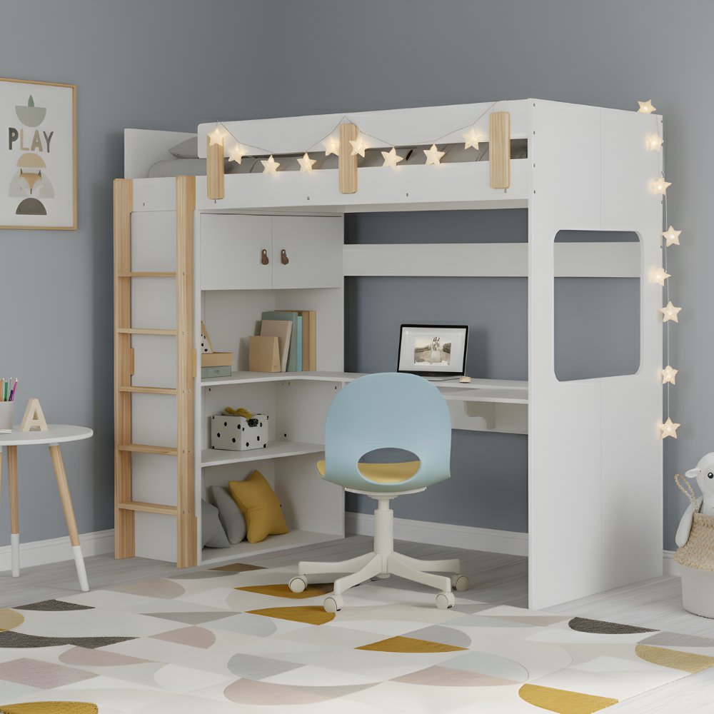 High Sleeper Cabin Bed with Built in Desk and Storage in Classic White