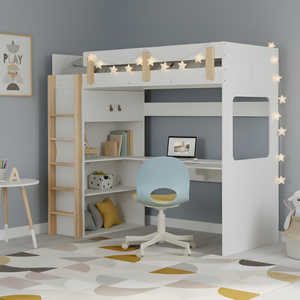 High Sleeper Cabin Bed with Built in Desk and Storage in Classic White