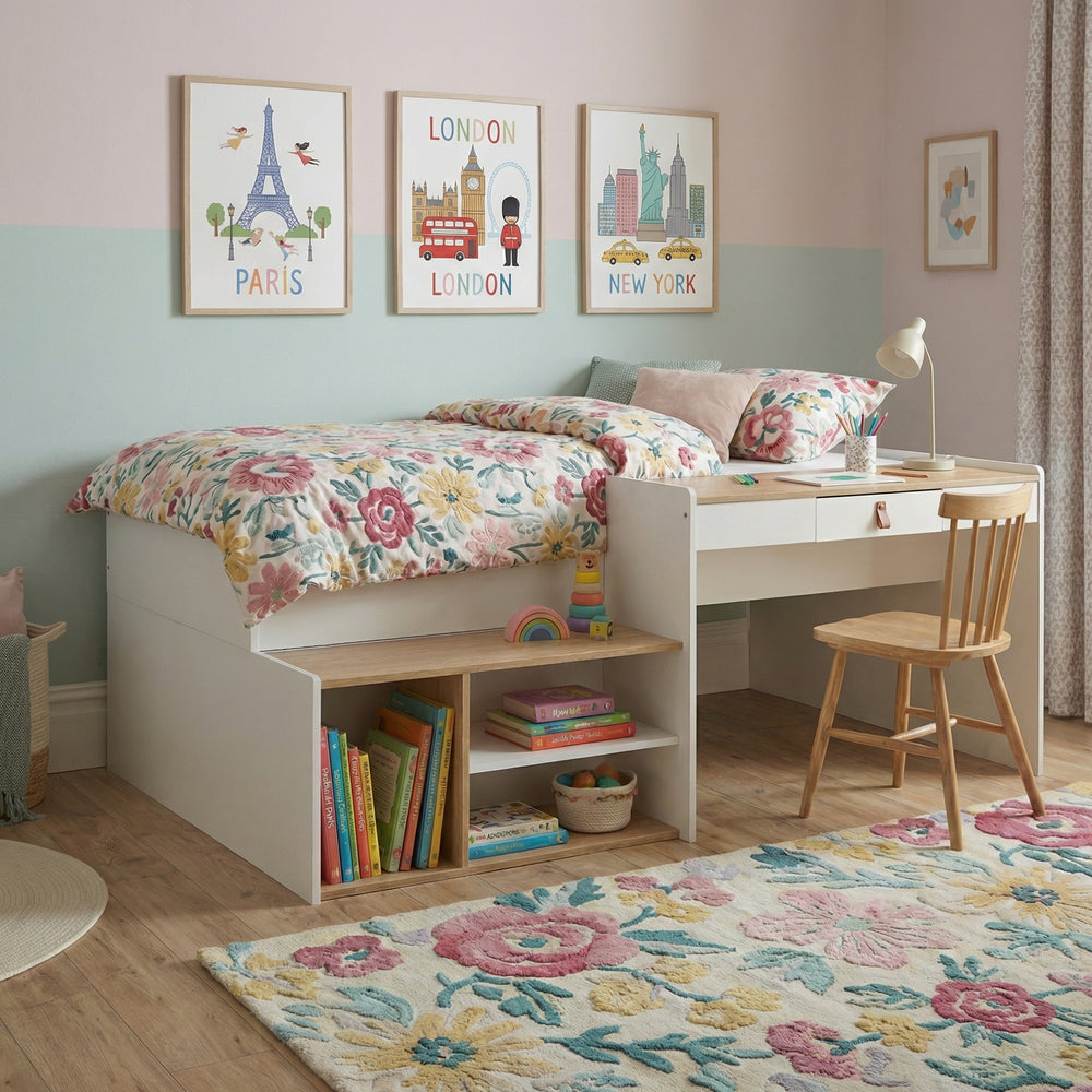 Single Cabin Bed with Built in Desk and Storage in Classic White