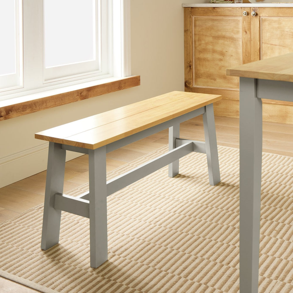 Grey wooden dining bench with solid wood frame