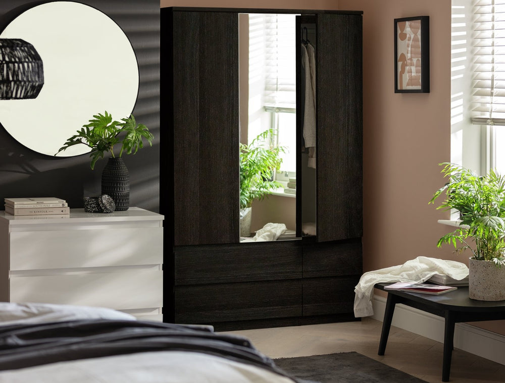 Jenson 3 Door 4 Drawer Mirror Wardrobe - Black 17570409