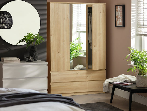 Jenson 3 Door 4 Drawer Mirror Wardrobe-Oak Effect 17570557