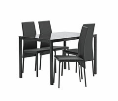 Black glass dining table set with 4 black chairs
