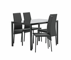 Black glass dining table set with 4 black chairs
