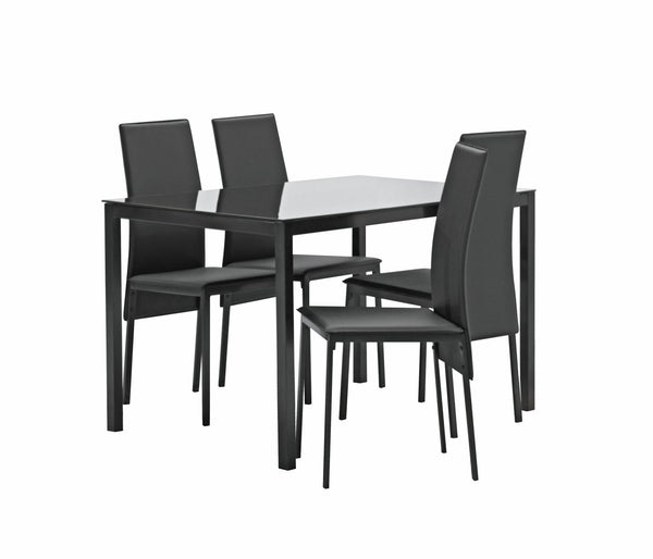 Black glass dining table set with 4 black chairs
