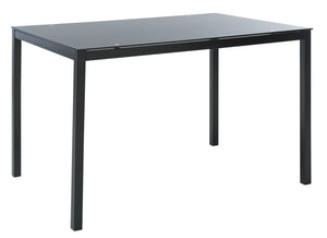 Black dining set with glass table and matching chairs
