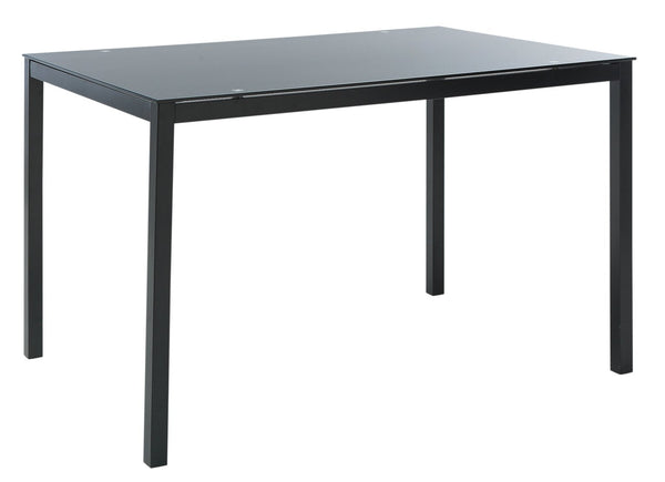 Black dining set with glass table and matching chairs
