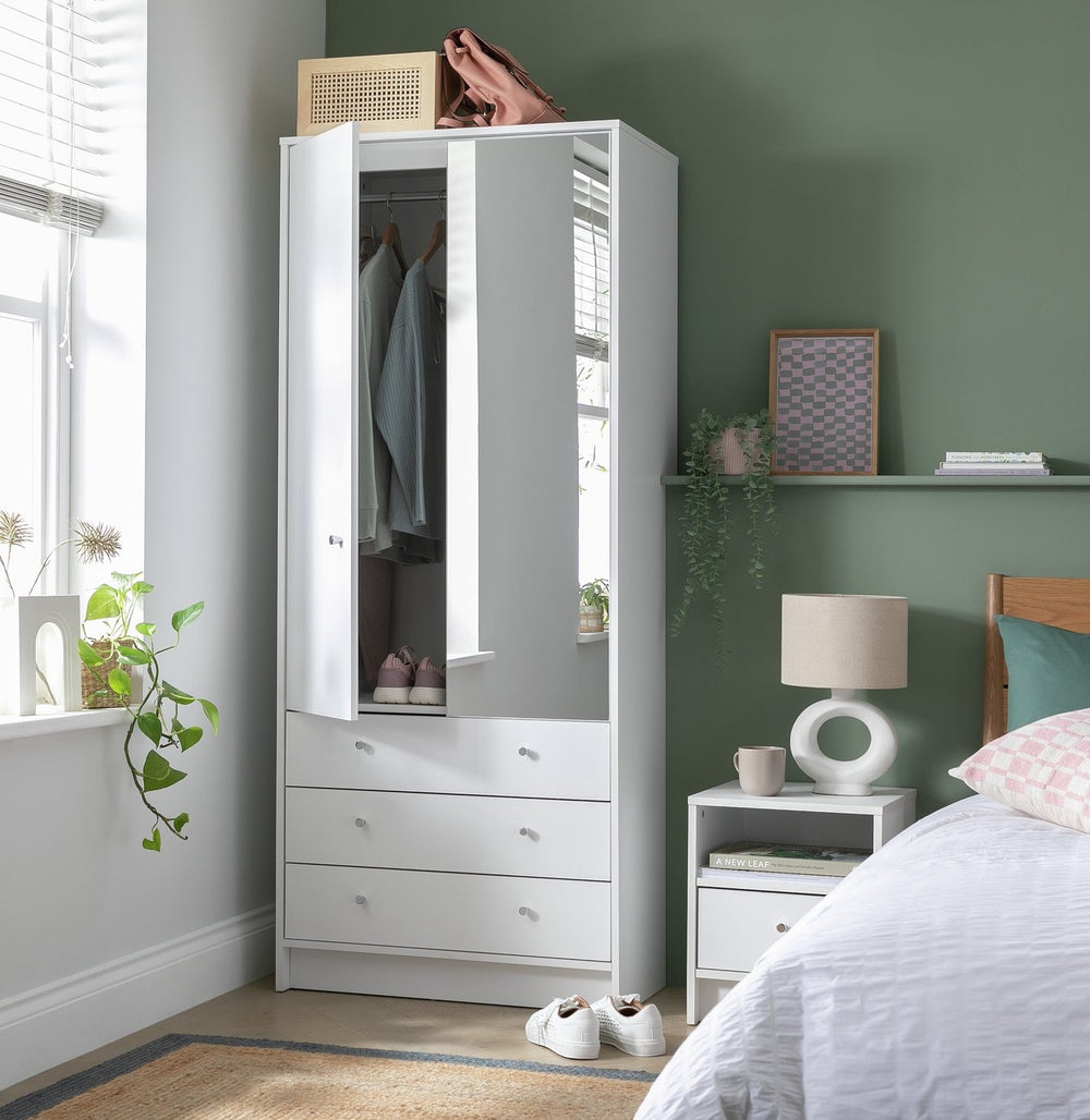 Malibu 2 Door 3 Drawer Mirror Wardrobe - White 19213788