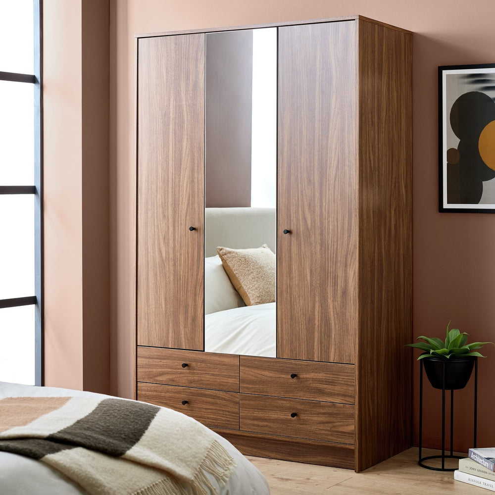 Malibu 3 Door 4 Drawer Mirror Wardrobe - Walnut 17894075