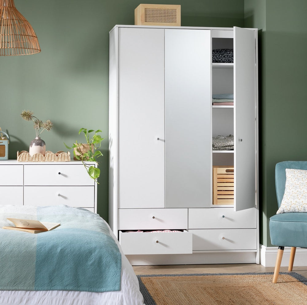 Malibu 3 Door 4 Drawer Mirror Wardrobe - White 19200100