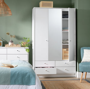 Malibu 3 Door 4 Drawer Mirror Wardrobe - White 19200100