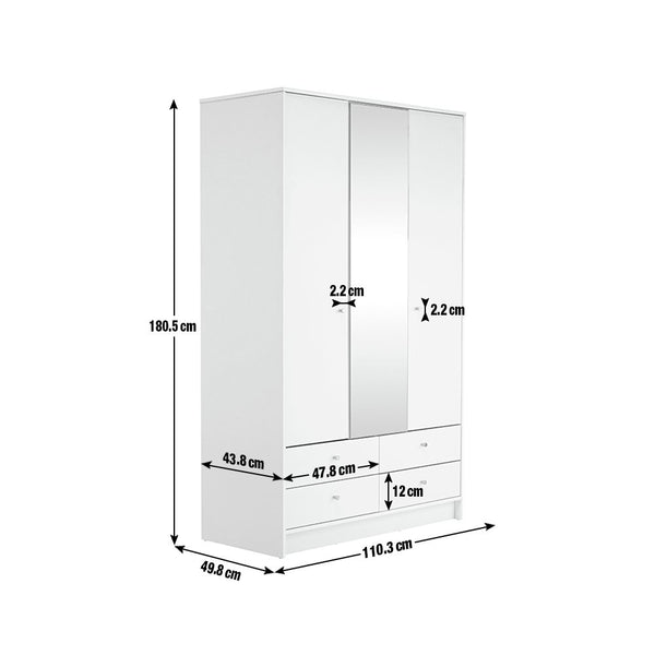 Malibu 3 Door 4 Drawer Mirror Wardrobe - White 19200100