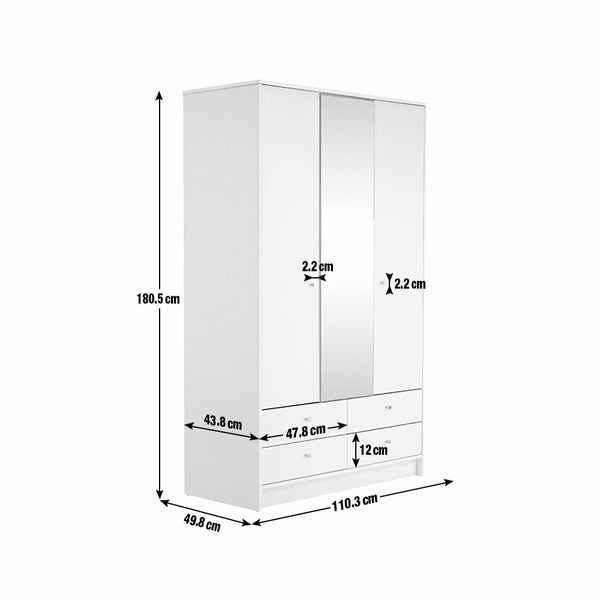 Malibu 3 Door 4 Drawer Mirror Wardrobe - White 19200100