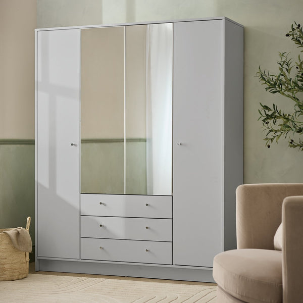 Malibu 4 Door 3 Drawer Mirror Wardrobe - Grey 19288524