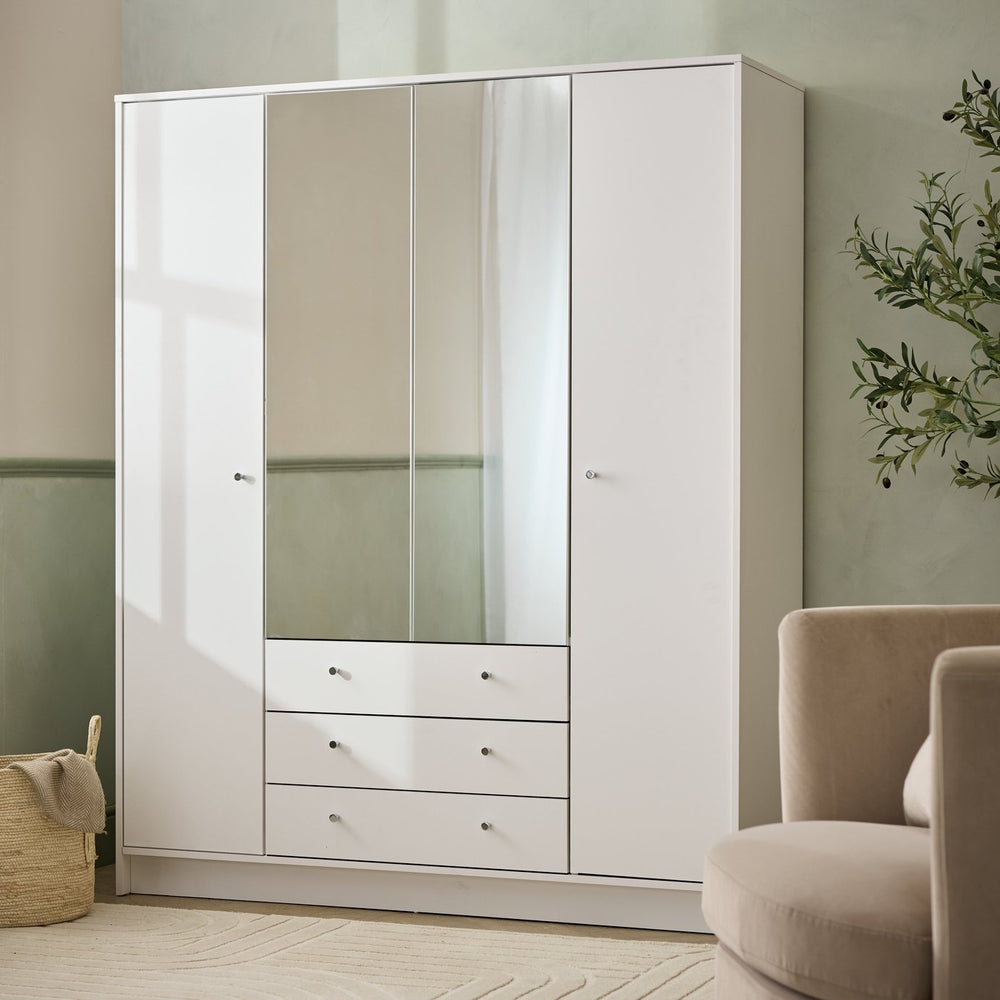 Malibu 4 Door 3 Drawer Mirror Wardrobe - White 19225329