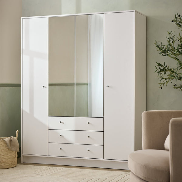 Malibu 4 Door 3 Drawer Mirror Wardrobe - White 19225329