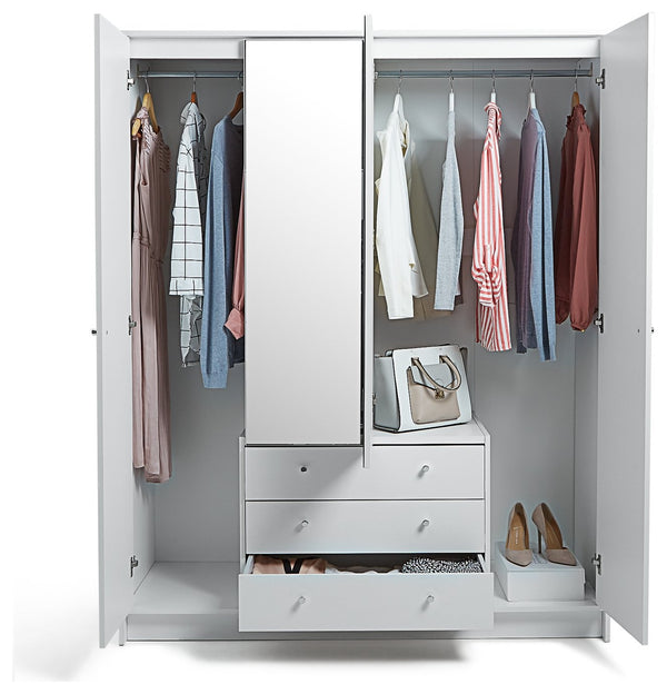 Malibu 4 Door 3 Drawer Mirror Wardrobe - White 19225329