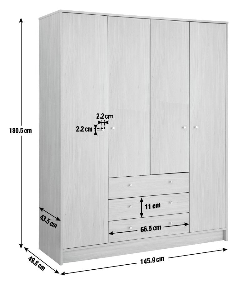 Malibu 4 Door 3 Drawer Wardrobe - Black Oak Eff 19297742