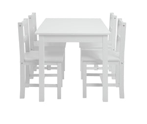 Solid wood dining table with 4 matching white chairs
