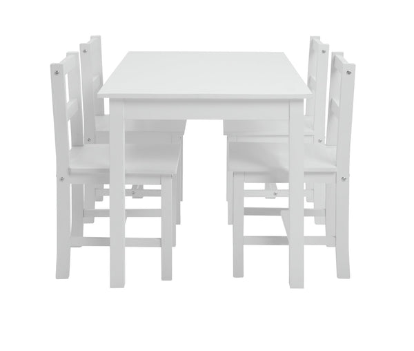 Solid wood dining table with 4 matching white chairs
