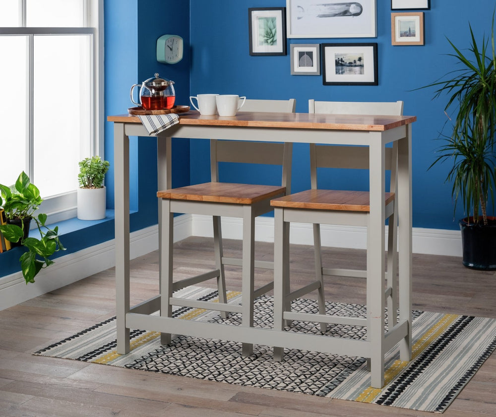 Oak grey bar table and chairs set with 2 grey chairs