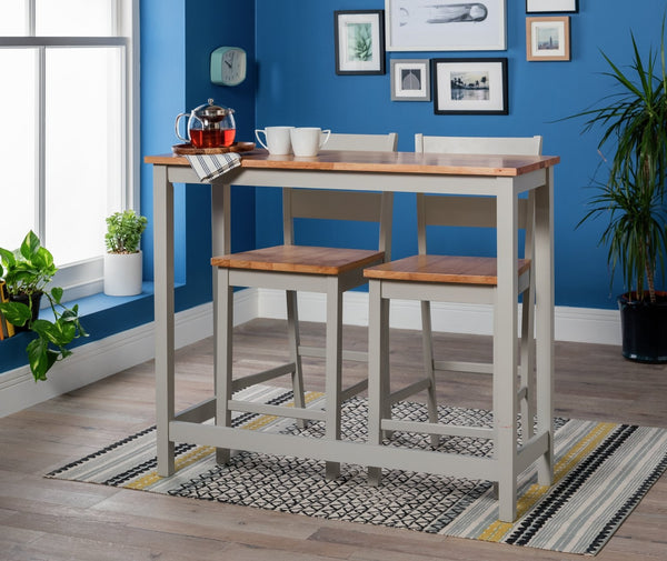 Oak grey bar table and chairs set with 2 grey chairs