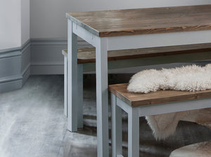 Hever Dining Table with 2 Benches & 2 Extensions - Grey and Dark Pine
