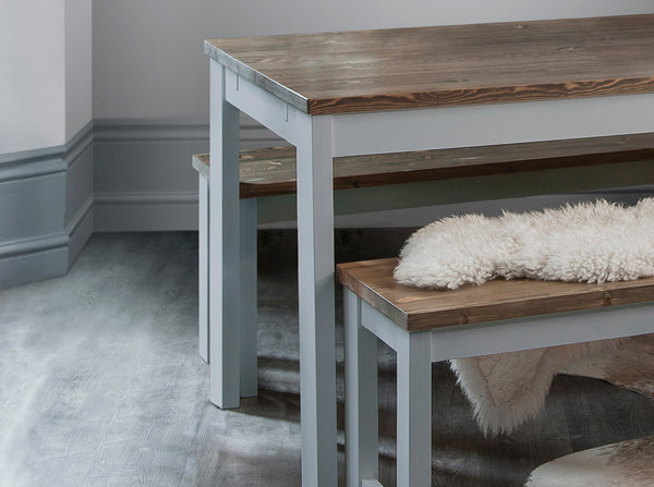 Hever Dining Table with 2 Benches & 2 Extensions - Grey and Dark Pine