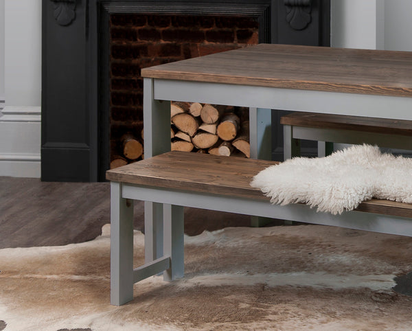 Hever Dining Table with 2 Benches & 2 Extensions - Grey and Dark Pine