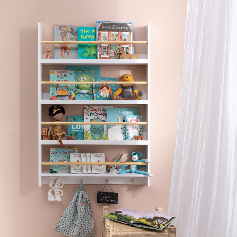 Howe Wall Mounted Wide 4 Tier Display Bookcase & 4 Coathooks