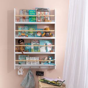 Howe Wall Mounted Wide 4 Tier Display Bookcase & 4 Coathooks