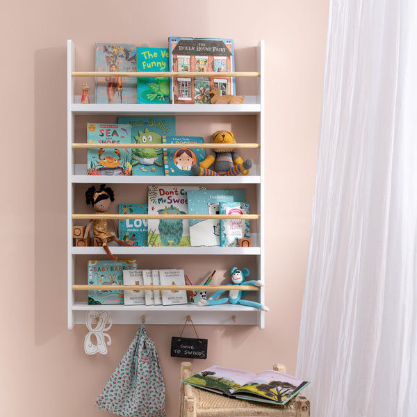 Howe Wall Mounted Wide 4 Tier Display Bookcase & 4 Coathooks