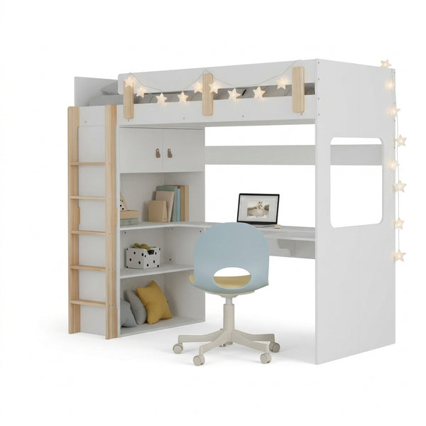 High Sleeper Cabin Bed with Built in Desk and Storage in Classic White