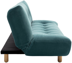 Velvet sofa bed in teal shown as occasional guest bed