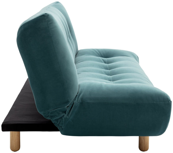 Velvet sofa bed in teal shown as occasional guest bed