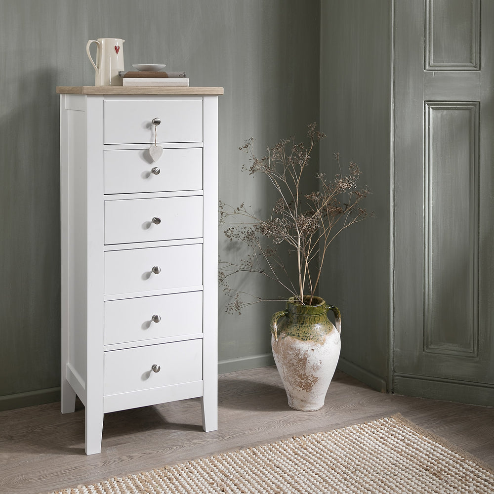 Leif 6 Drawer Tall Chest of Drawers in White & Oak