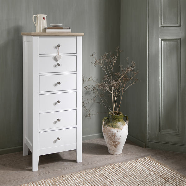 Leif 6 Drawer Tall Chest of Drawers in White & Oak