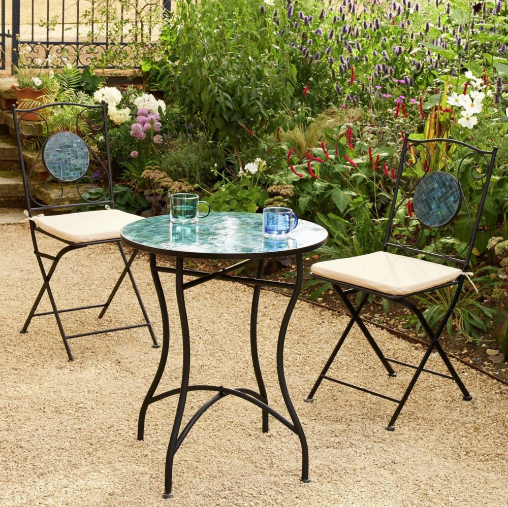 Mosaic bistro set with round blue table and two folding chairs