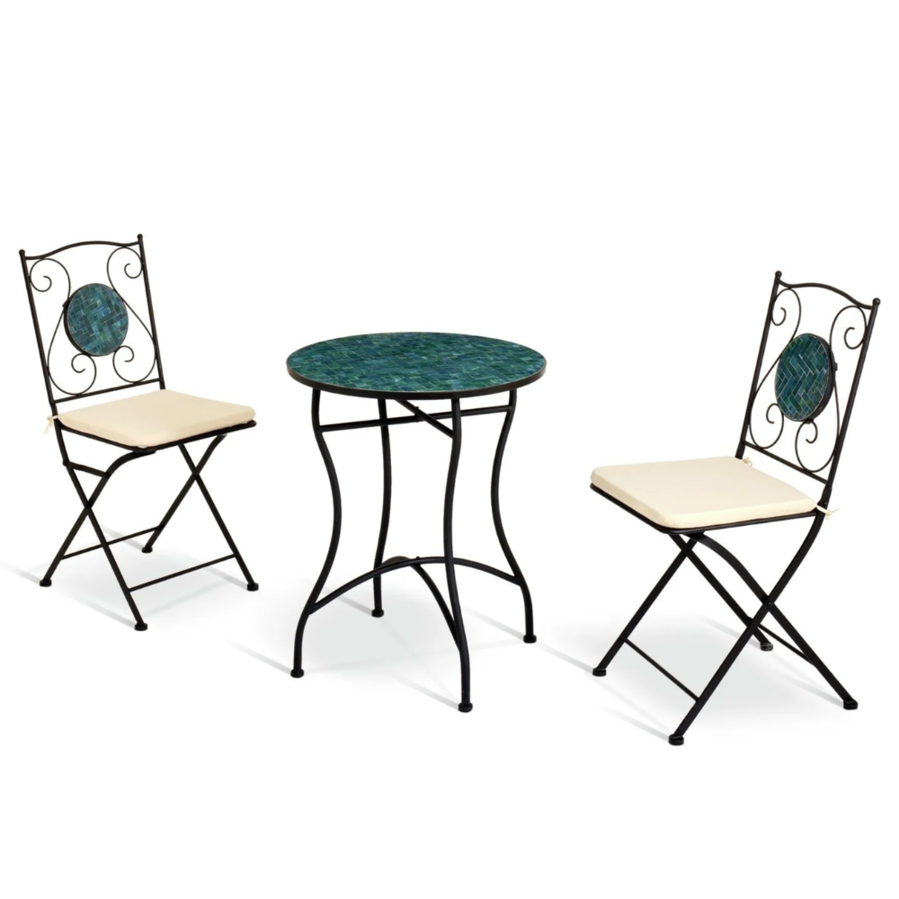 Mosaic bistro set with round blue table and two folding chairs