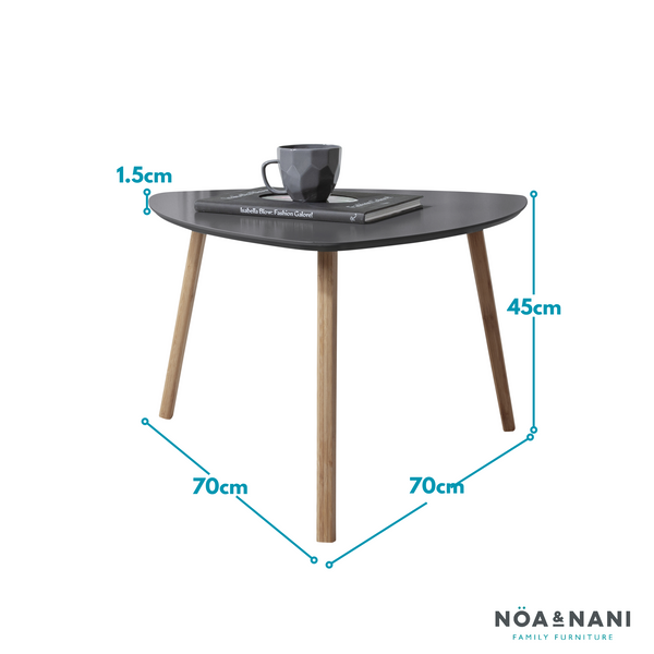 Small table with dimensions and a cup on a white background