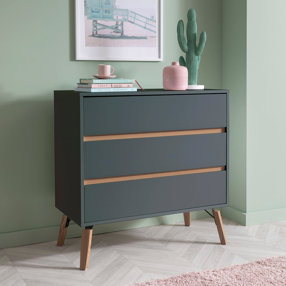 Grey 3 Drawer Chest Of Drawers With Pine Legs