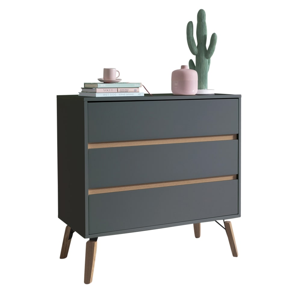 Grey 3 Drawer Chest Of Drawers With Pine Legs