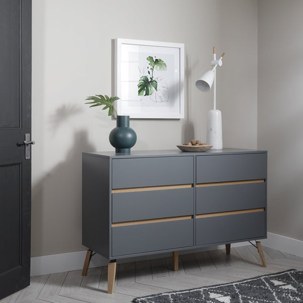 Grey Chest of Drawers 6 Drawer with Pine Legs