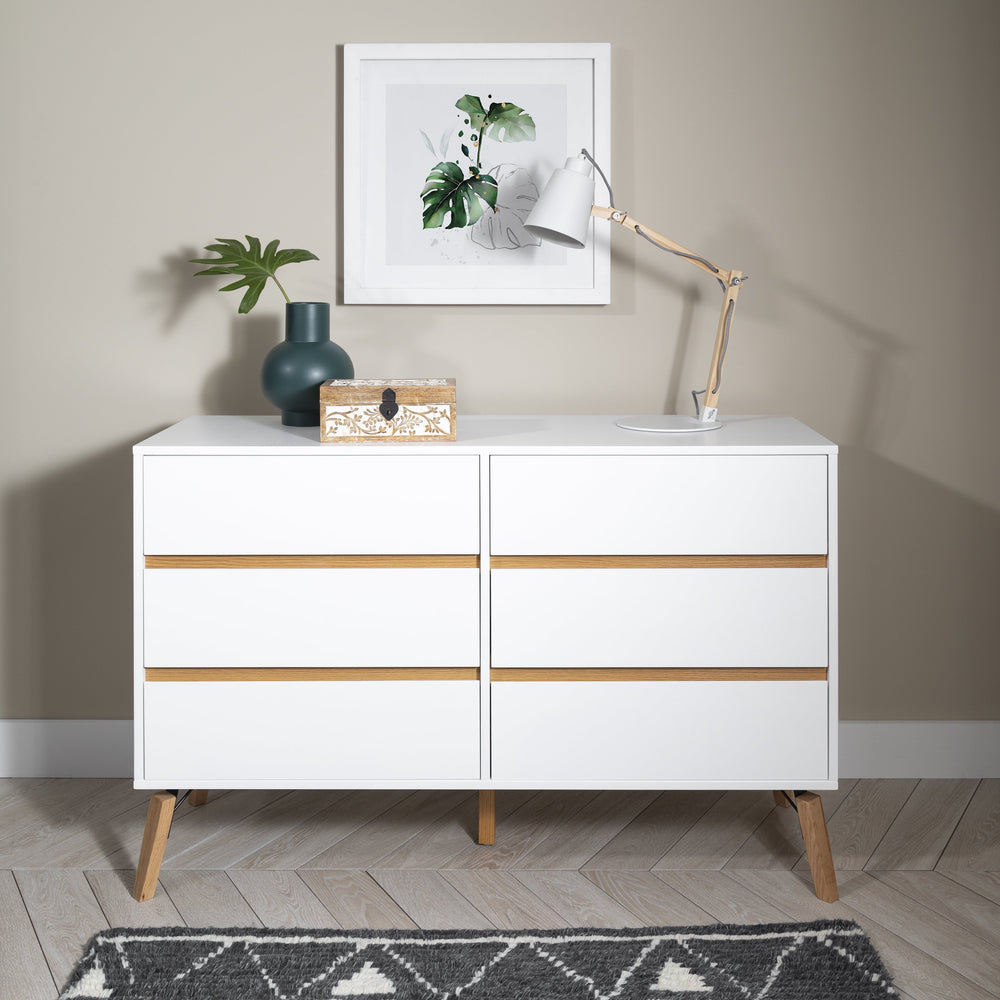White Chest of Drawers 6 Drawer with Pine Legs