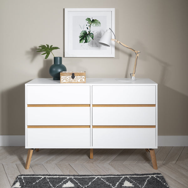 White Chest of Drawers 6 Drawer with Pine Legs