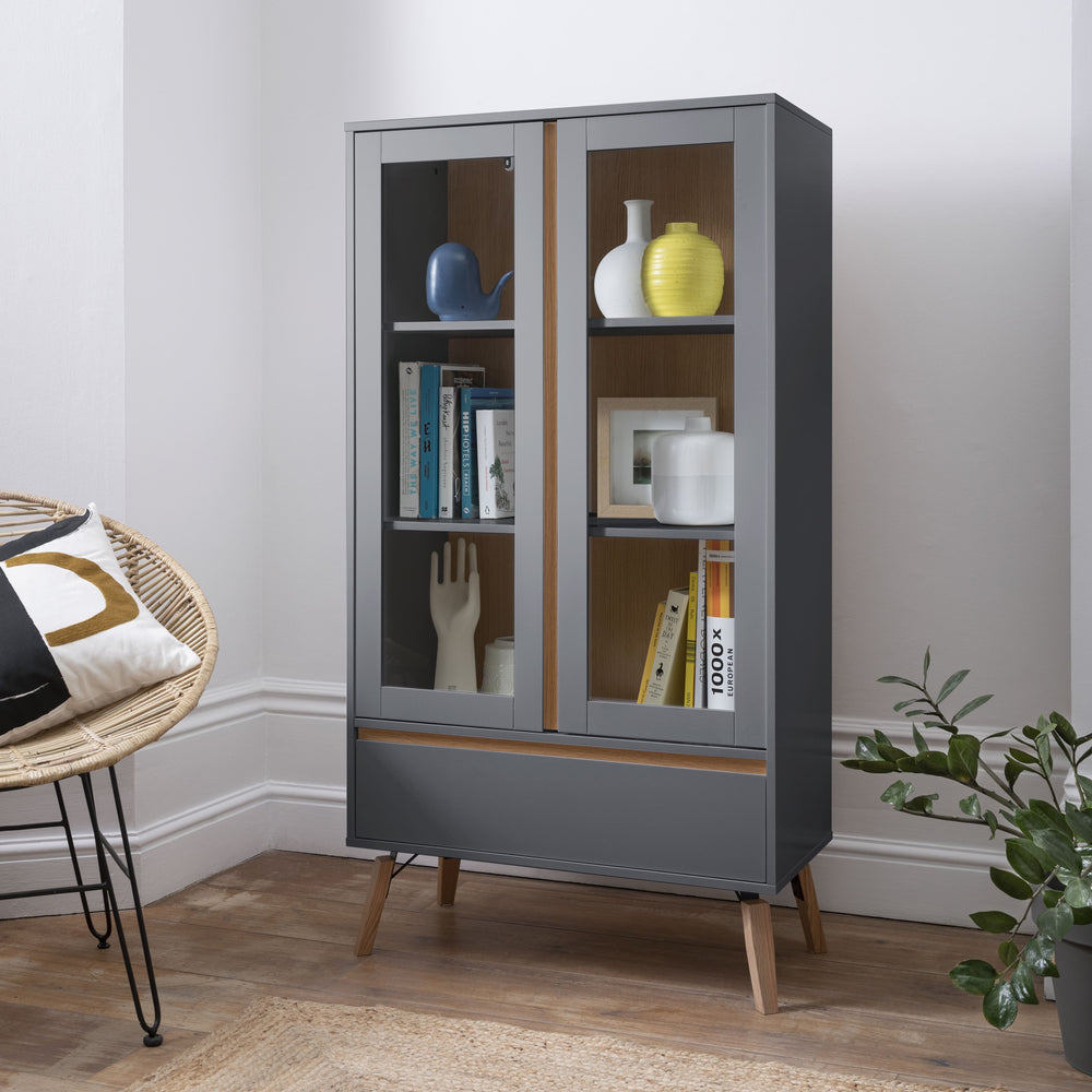 Modern Display Cabinet in Grey with Pine Legs